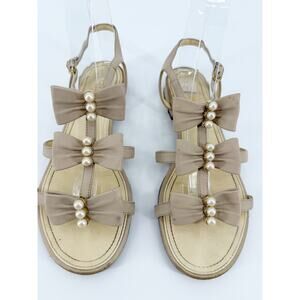 Chanel Sandals Flat CC Logo Beige Tan Pearl Triple Bow Grosgrain Ankle Size 37